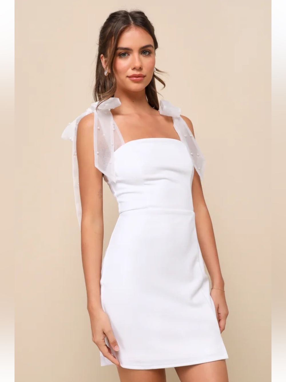 NWT! Lulus Beaming Perfection White Pearl Organza Tie-Strap Mini Dress. Small
